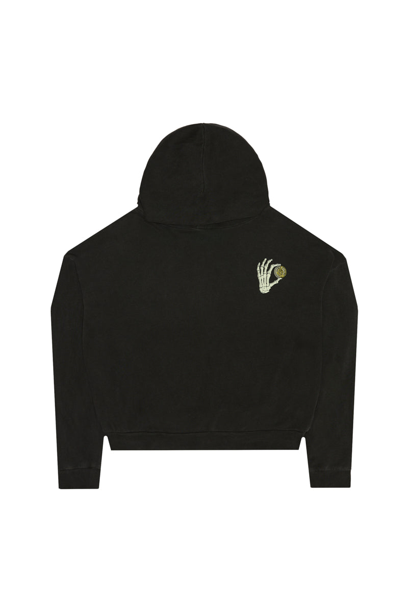 Black Quarter Cent Crop Hoodie with a skeleton hand graphic holding a coin on the back.