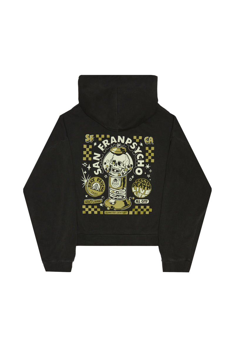 Black Quarter Cent Crop Hoodie with a back graphic of a skull inside a gumball machine.