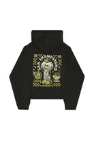 Black Quarter Cent Crop Hoodie with a back graphic of a skull inside a gumball machine.