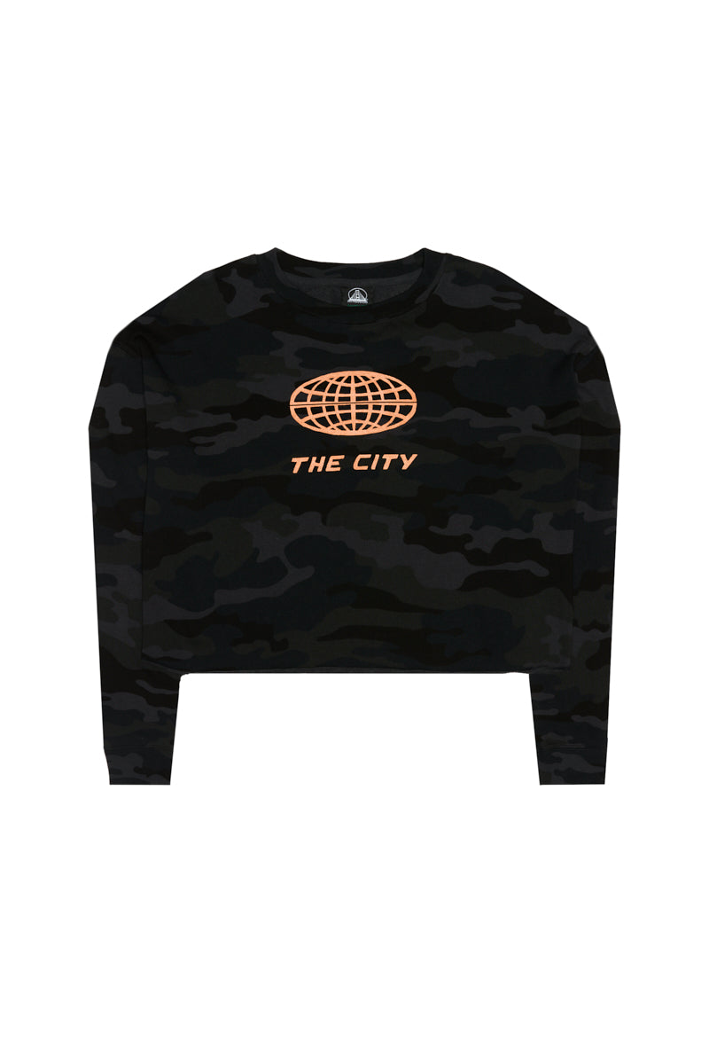 Women’s The City Black Camo Crewneck hoodie with an orange globe graphic and THE CITY text.
