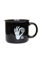 Quarter Cent Mug featuring a black speckled ceramic design with a skeleton hand holding a coin and Stay Psycho text.