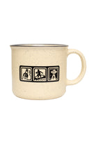 Icons Mug: A speckled ceramic mug with three panels featuring Nigel Sussman art of a bottle, a surfer, and a spaceship.