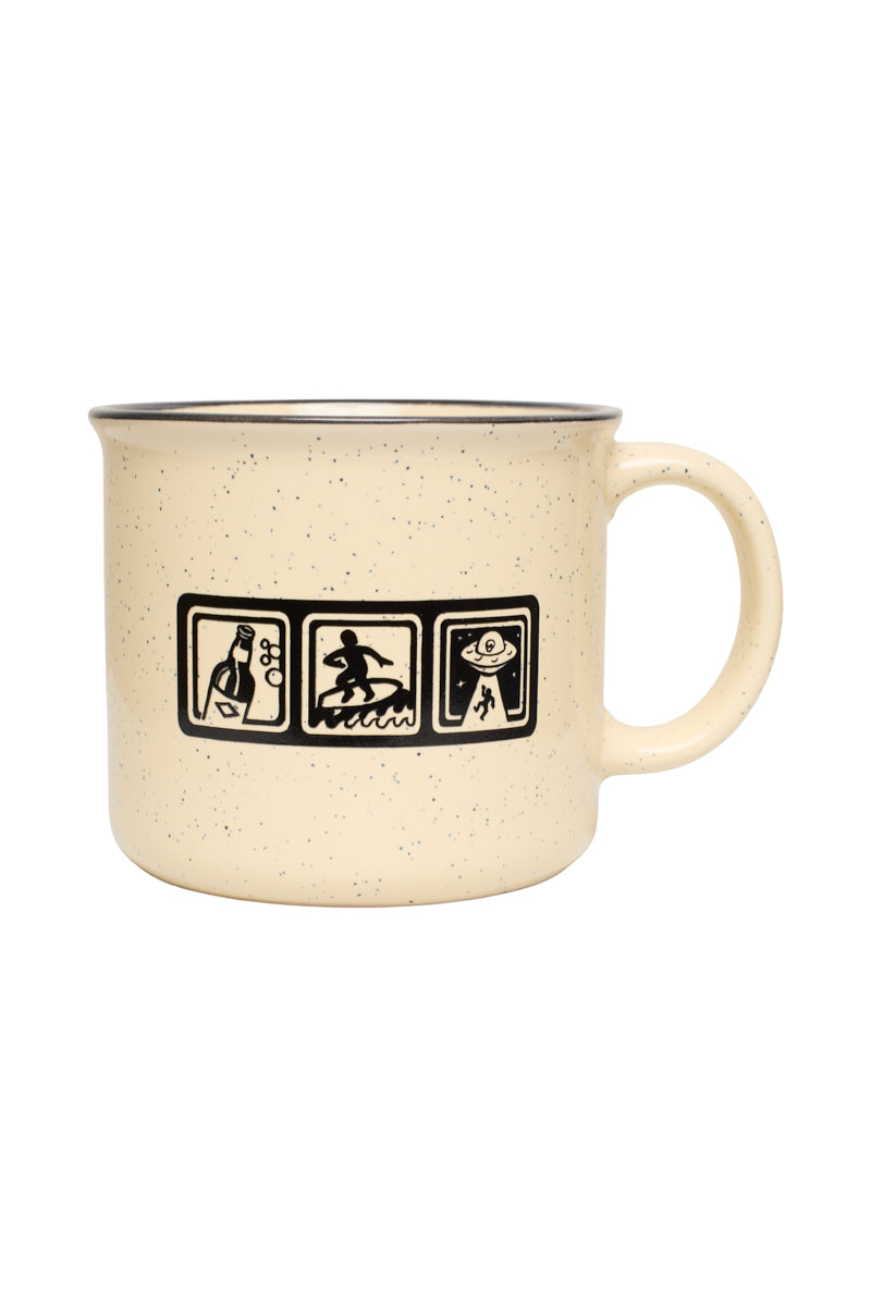 Icons Mug: A speckled ceramic mug with three panels featuring Nigel Sussman art of a bottle, a surfer, and a spaceship.