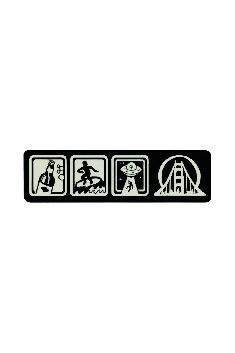 Icons Sticker featuring a rectangular vinyl design of a bottle, a surfer, a UFO abducting a person, and the bridge.