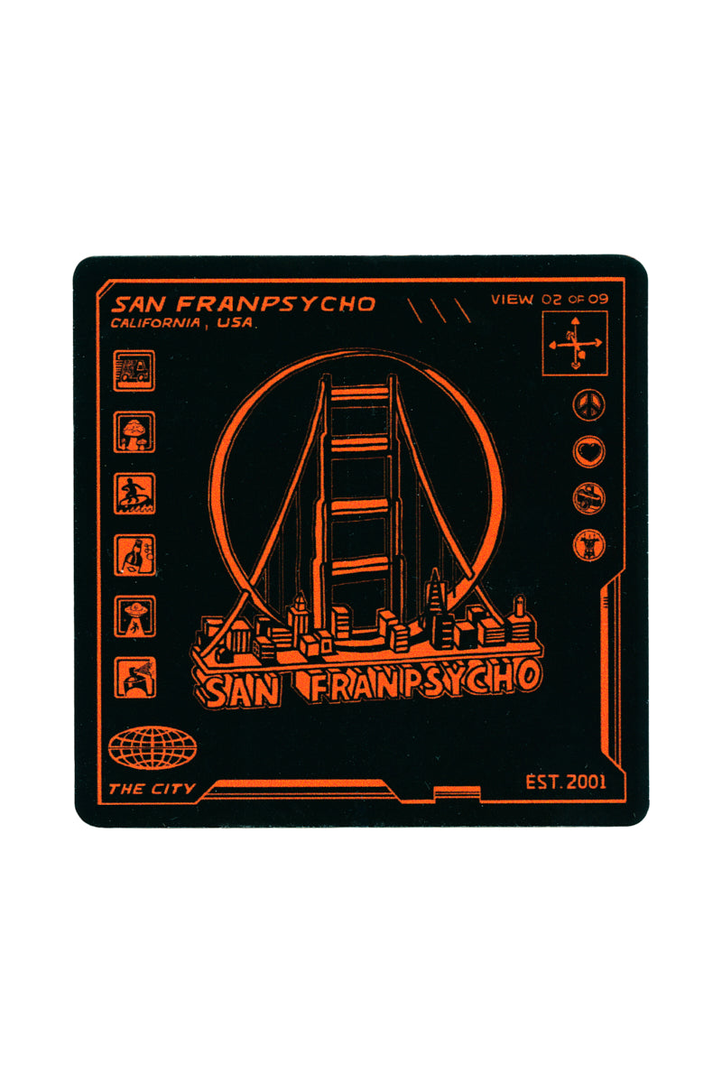 Square black weatherproof 3D Logo Sticker featuring orange line art of the Golden Gate Bridge and city skyline.