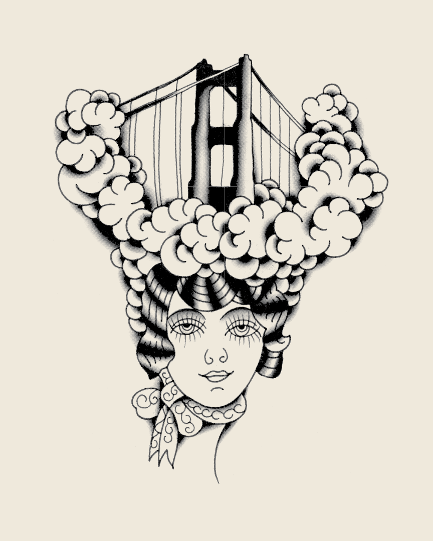 Elevate your space with the Betty Bridge Poster—a tattoo-inspired artwork depicting a woman whose elaborate hairstyle is formed by clouds and a suspension bridge, capturing the timeless allure of classic San Francisco tattoo art.
