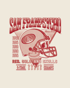 Candlestick Poster featuring a red football helmet with San Franpsycho text, championship years, and “5-time champs” below—a throwback to vintage Niners gear and an ideal addition for any 49ers Super Bowl poster or Candlestick Champs collection.
