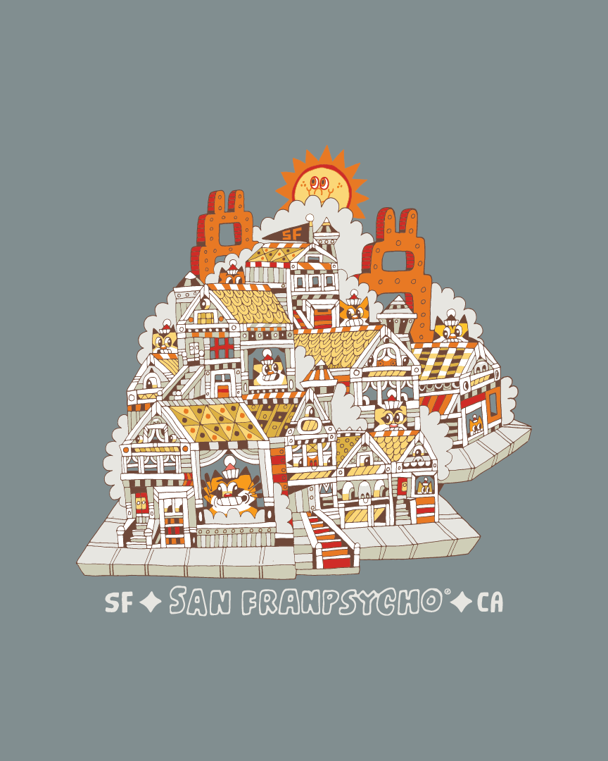 Delightful cartoon cat houses and quirky feline characters create a playful San Francisco art vibe in the Cat House Poster, labeled SF • San Franpsycho • CA beneath an orange sun. The scene radiates whimsy reminiscent of a Japanese ukiyo-e print, blending local charm with artistic flair.