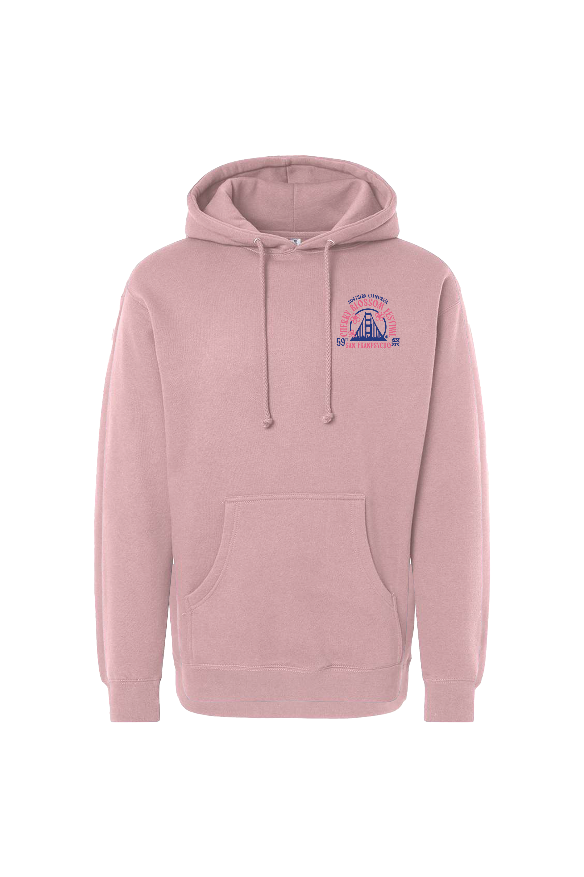 The Cherry Blossom Fest Pullover Hoodie features a small, colorful logo on the left chest and a front pocket. Inspired by San Francisco, this cozy mauve unisex sweatshirt is perfect for any occasion.