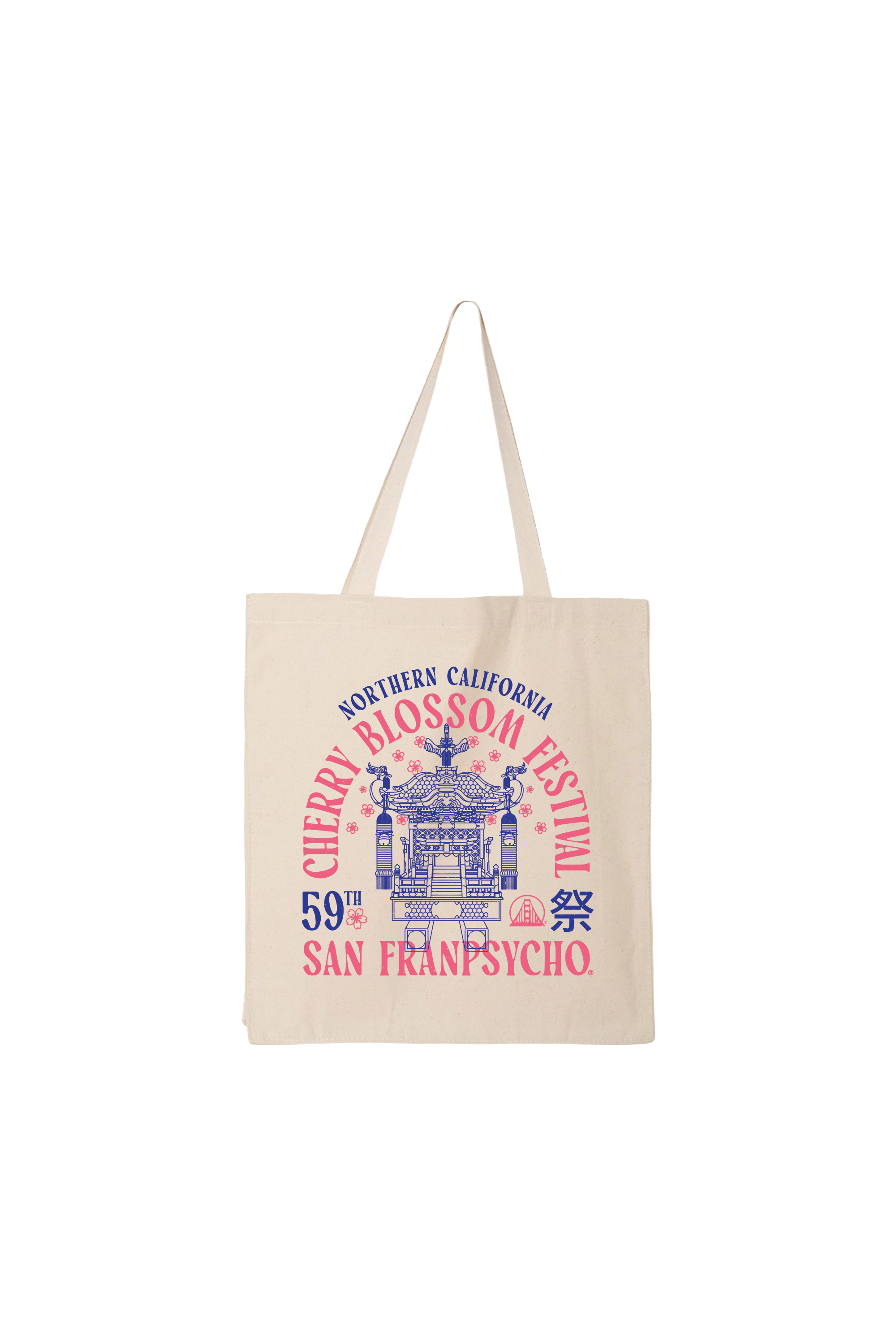 The Cherry Blossom Fest Tote is a cream canvas bag featuring pink and blue festival graphics, hand printed in San Francisco by San Franpsycho.