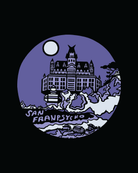 Circular illustration of the Cliff House on a hill under a full moon, reminiscent of San Francisco landmark art, with Cliff House Poster written below.