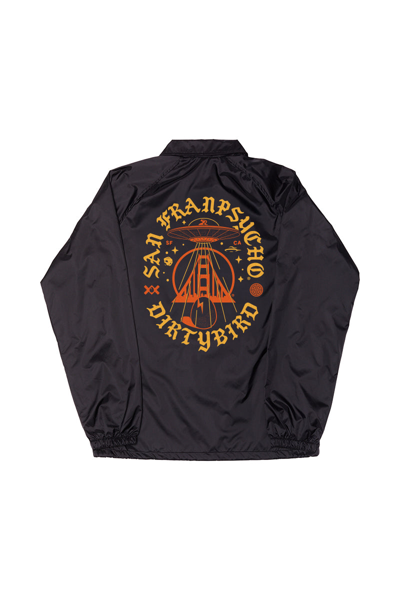 The Dirty UFO Coaches Jacket features orange "San Franpsycho x Dirtybird" graphic text and a rocket design—a bold pick from the SFP x Dirtybird collab, ideal for Bay Area streetwear fans.