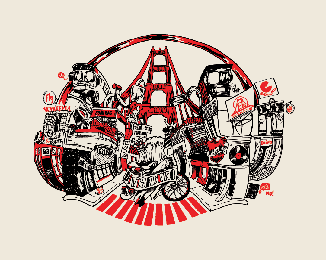 Divis Poster featuring an Arthur LD-style illustration of San Francisco landmarks, cable cars, and the Golden Gate Bridge in red, black, and white.