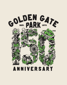 The Golden Gate Park 150 Years Poster features park icons and lush greenery forming the number 150, inspired by the vibrant style of Nigel Sussman artwork, creating a striking tribute that captures the unique spirit of Golden Gate Park.