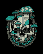 The Mind Bloom Poster features a stylized skull with mushrooms and San Franpsycho text in green and teal tones.
