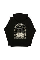 The Moon Bridge Pullover Hoodie showcases a white Golden Gate Bridge graphic with SAN FRANPSYCHO DIRTYBIRD text on the back—part of the SFP x Dirtybird collaboration.