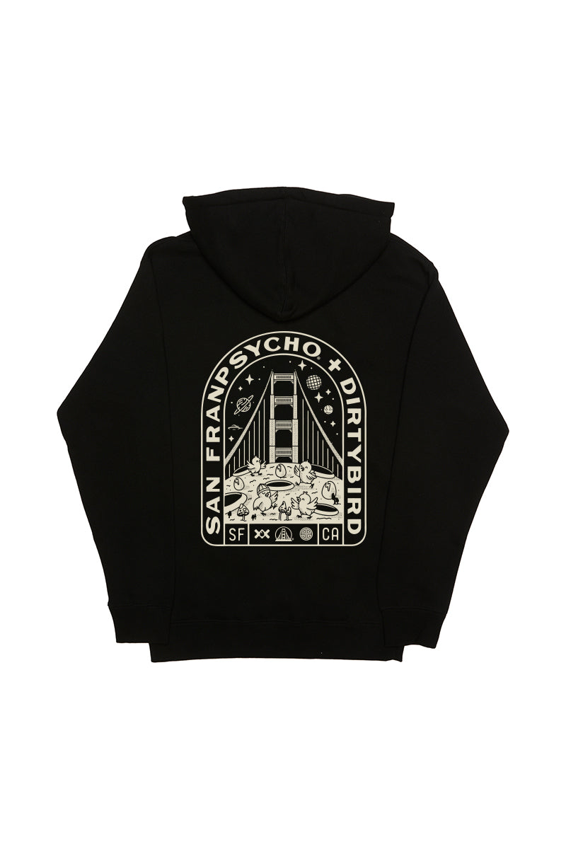 The Moon Bridge Pullover Hoodie showcases a white Golden Gate Bridge graphic with SAN FRANPSYCHO DIRTYBIRD text on the back—part of the SFP x Dirtybird collaboration.