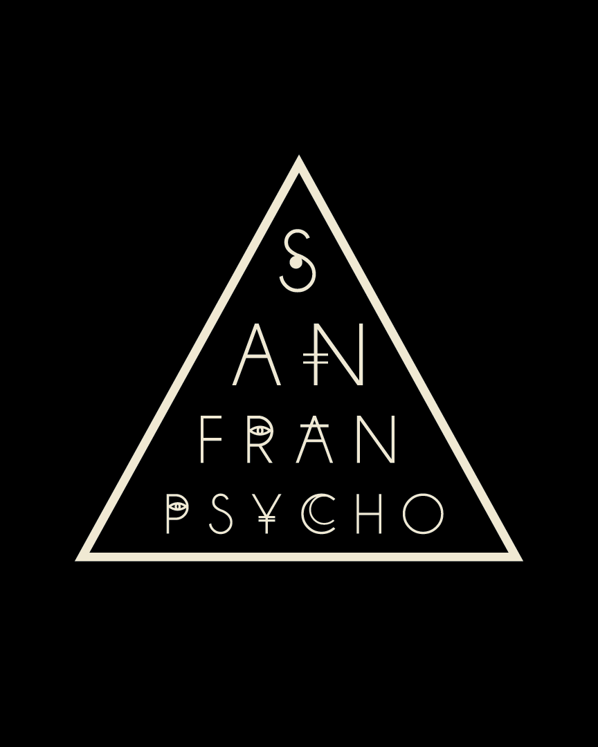 A bold, black-and-white triangle forms the centerpiece of the Nio Triangle Poster, featuring “San Fran Psycho” in stylized letters inside and set against a striking black background—perfect for any San Franpsycho poster collection.