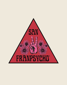 Introducing the Peace Triangle Poster: featuring a bold red triangle with San Franpsycho text, pink flowers, and a central hand peace sign—all created by our graphic illustrator for authentic streetwear vibes.