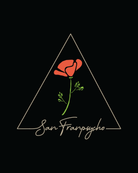 A botanical illustration of a red poppy enclosed within a triangle, rendered with delicate architectural linework, with “San Franpsycho” written in cursive beneath it on a black background—this is the Poppy Poster.