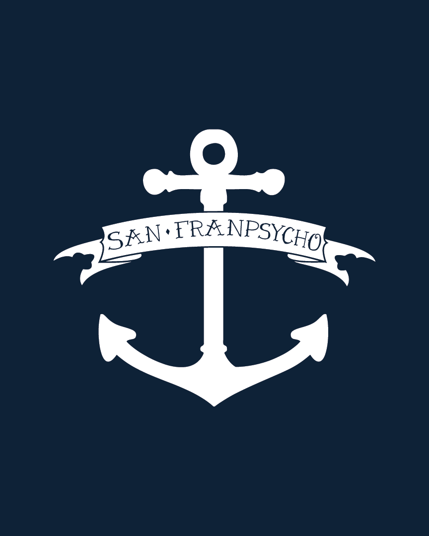 The SFP Anchor Poster features a white anchor with a “San Franpsycho” banner on a dark blue background, inspired by vintage anchor illustrations reminiscent of classic San Francisco maritime posters.