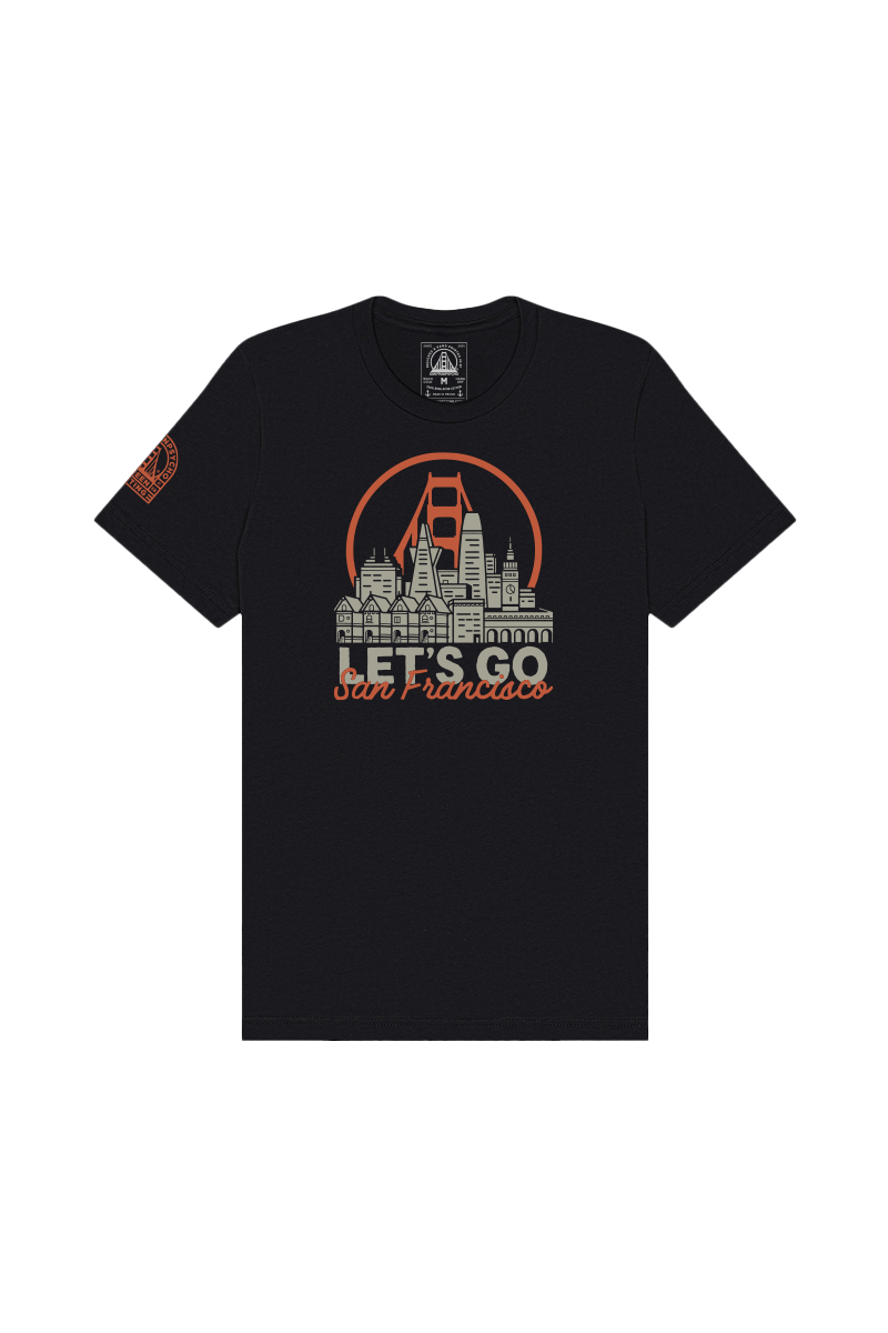 The Let's Go San Francisco Tee features a hand-printed San Francisco skyline with the Golden Gate Bridge and "LETS GO San Francisco" text—an ideal gift for anyone who loves the city.