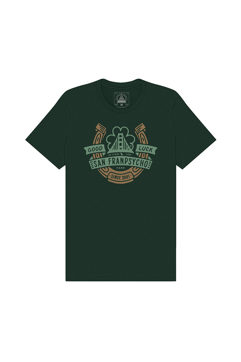 Celebrate in style with the dark green Lucky Psycho Tee, featuring a bold Good Luck, San Franpsycho, Since 2001 design. Made from 100% cotton, its perfect for showcasing your festive spirit comfortably all day.