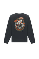 The Mind Bloom Long Sleeve is a black tee featuring a vibrant skull and mushroom graphic inspired by Erik Abel, with "San Francisco" text on the back.