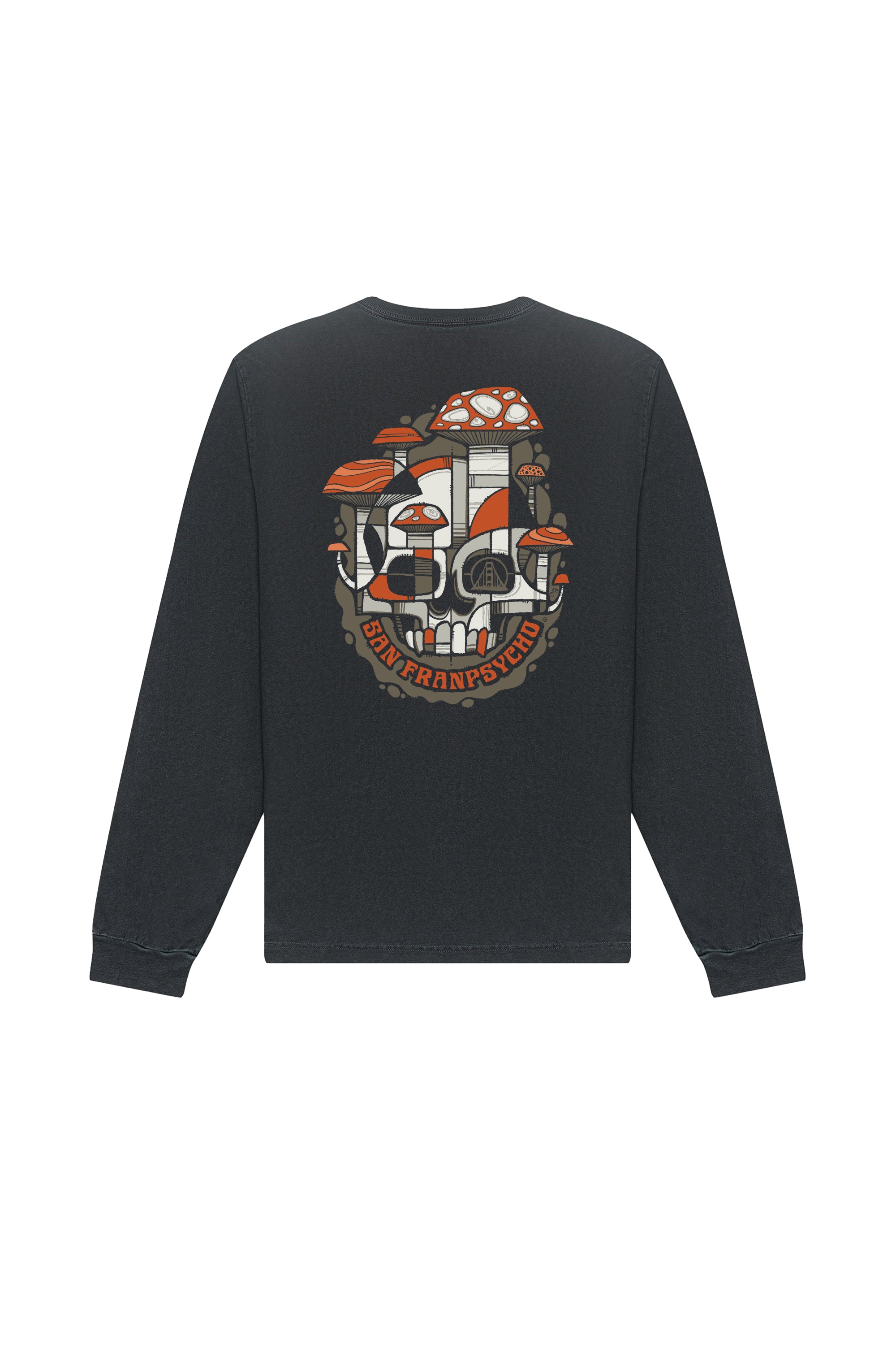 The Mind Bloom Long Sleeve is a black tee featuring a vibrant skull and mushroom graphic inspired by Erik Abel, with "San Francisco" text on the back.