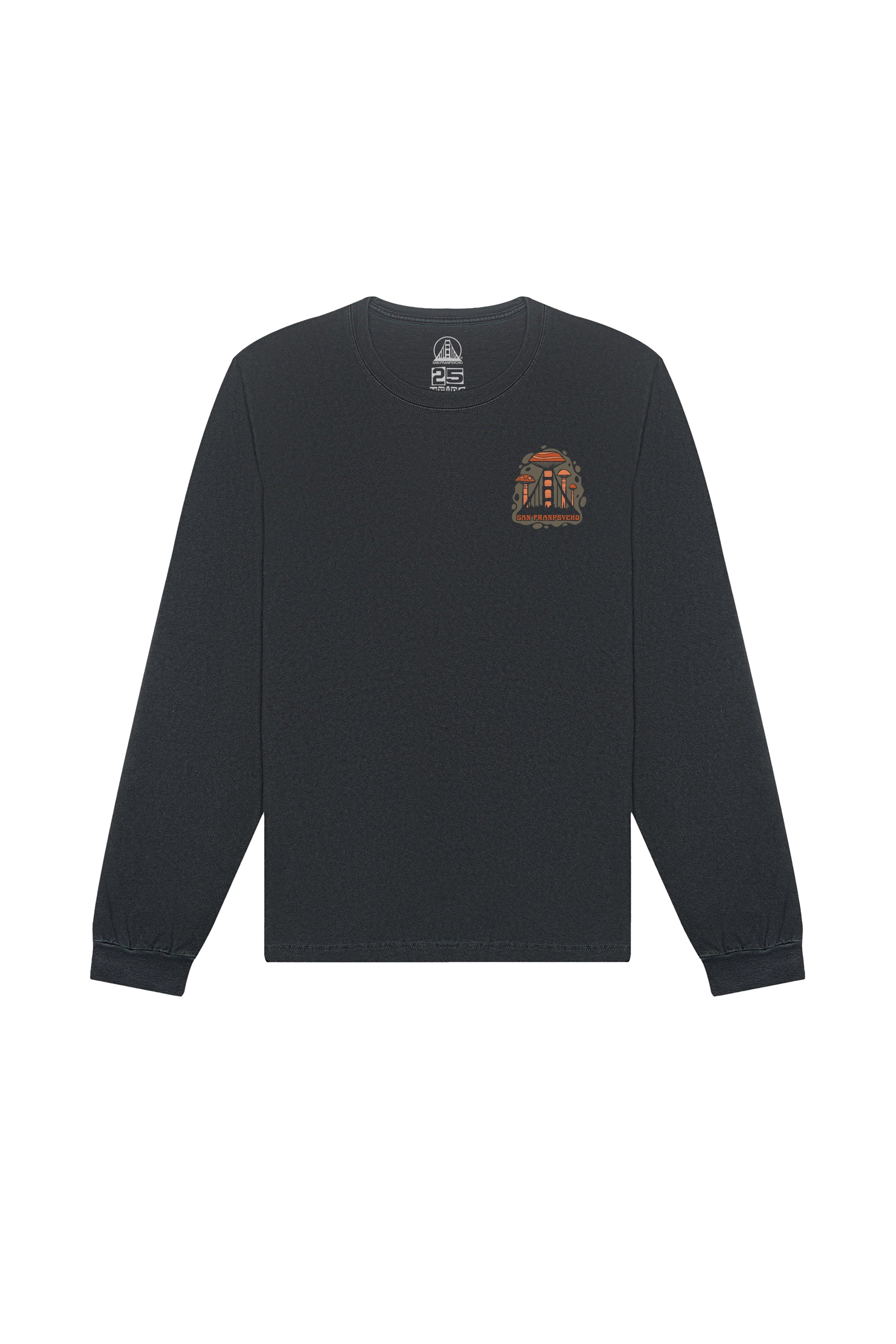 The Mind Bloom Long Sleeve is a black long-sleeve tee with a small, colorful crest graphic on the left chest, inspired by Erik Abel's artwork.