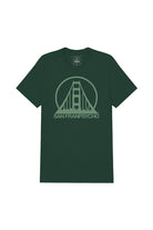 Limited edition Green Logo Tee in dark green with a hand-printed bridge design inside a circle and SAN FRANPSYCHO text below. Super comfortable for everyday wear.