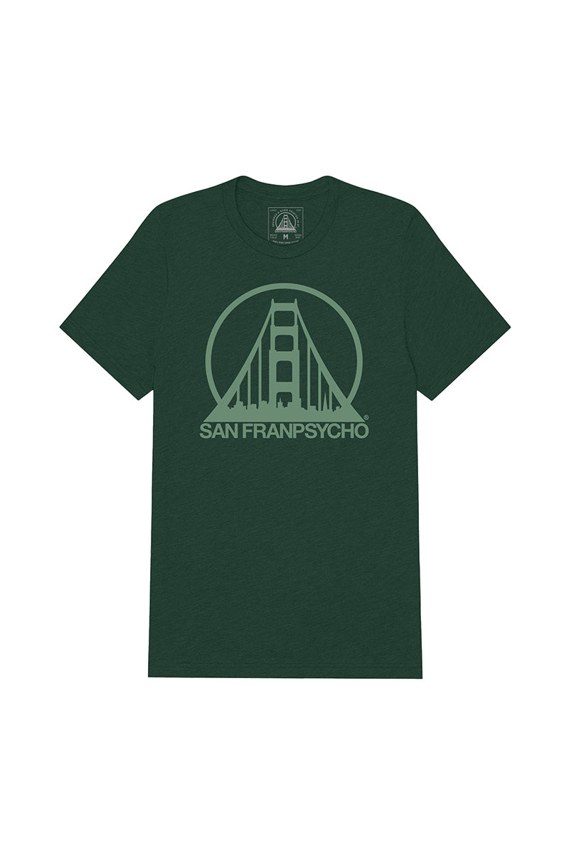 Limited edition Green Logo Tee in dark green with a hand-printed bridge design inside a circle and SAN FRANPSYCHO text below. Super comfortable for everyday wear.