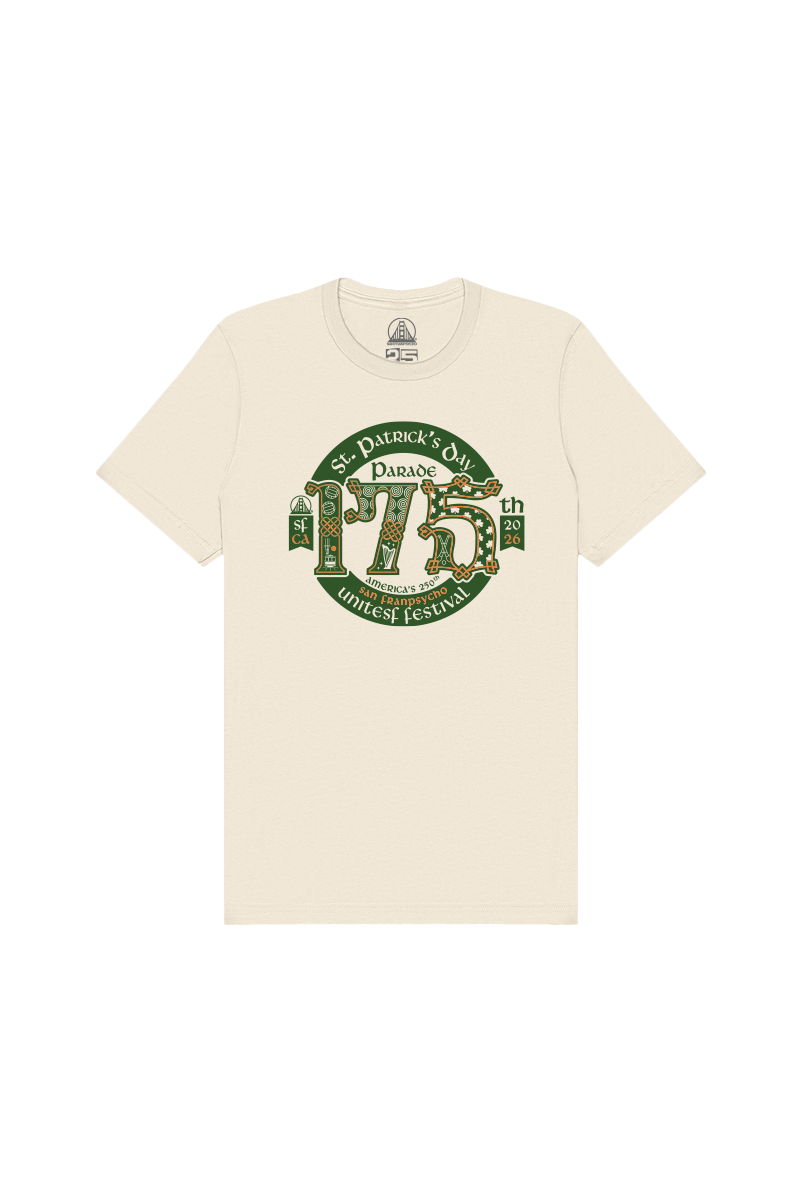 The 175th St Patrick's Day Parade Tee is a beige limited edition shirt with a green and gold festival design on the front to commemorate the event.