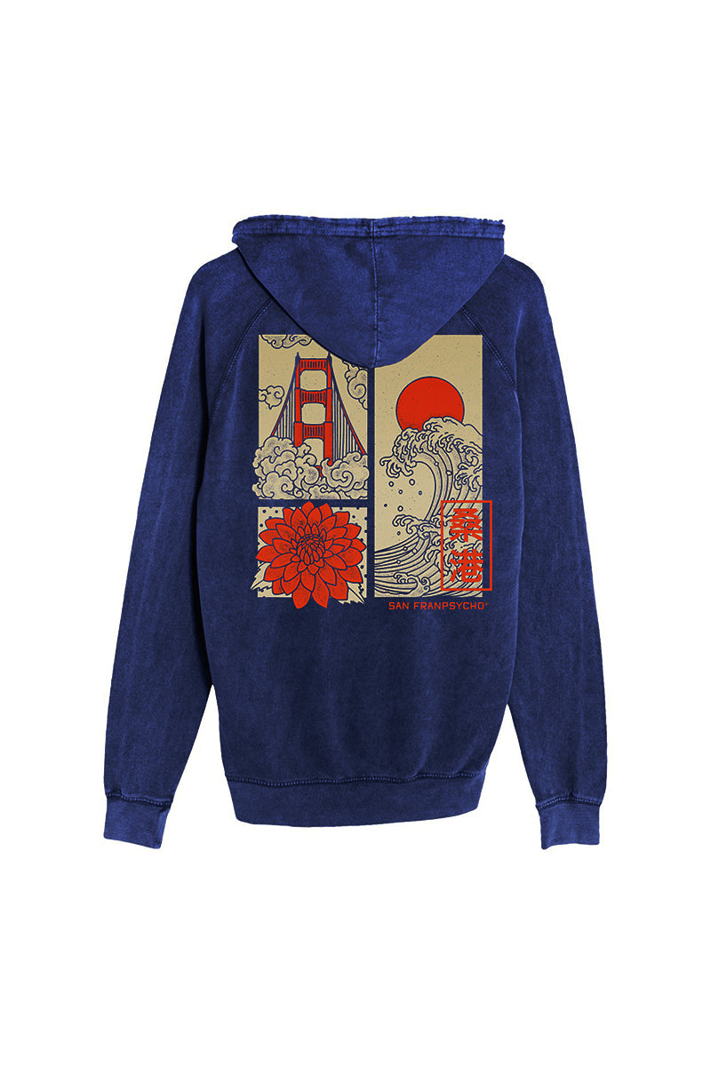 Sunset Dahlia Pullover Hoodie in blue, featuring hand-printed graphic art of the Golden Gate Bridge, waves, a flower, and the sun on the back. Inspired by Japanese art t-shirt designs, this unique San Francisco piece adds an artistic touch to your wardrobe.