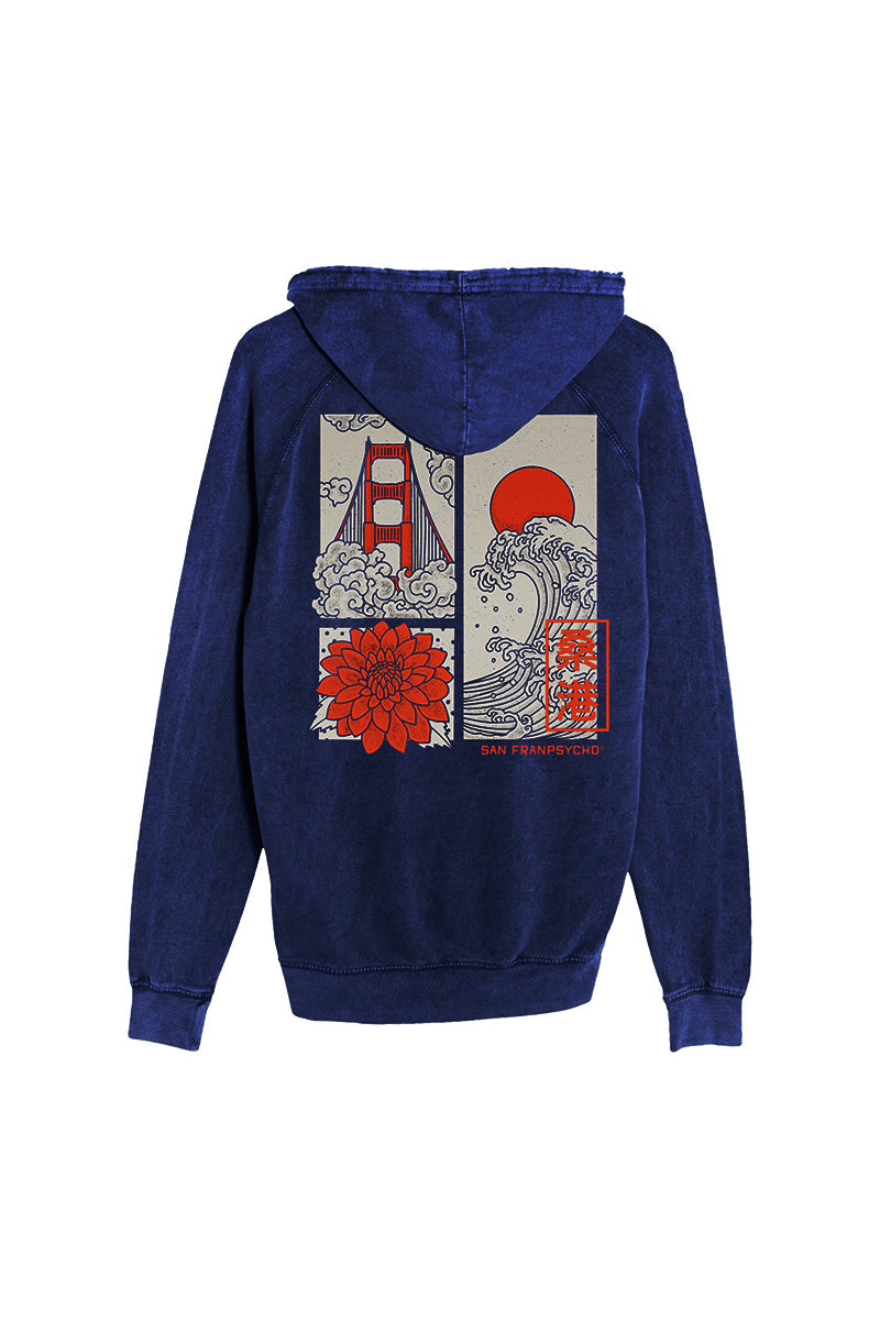 Sunset Dahlia Pullover Hoodie in navy, featuring a red and white San Francisco-inspired graphic—bridge, sun, waves, and flower on the back—that captures classic city shirt style with subtle Japanese art influences.