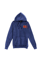 Sunset Dahlia Pullover Hoodie featuring a blue mineral wash finish, a hood and kangaroo pocket, and a subtle orange graphic on the left chest inspired by vintage textures and Japanese art tee aesthetics.