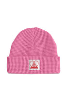 Pink Waffle Beanie with a folded brim and white patch featuring a heart logo, perfect for fans of San Franpsycho.