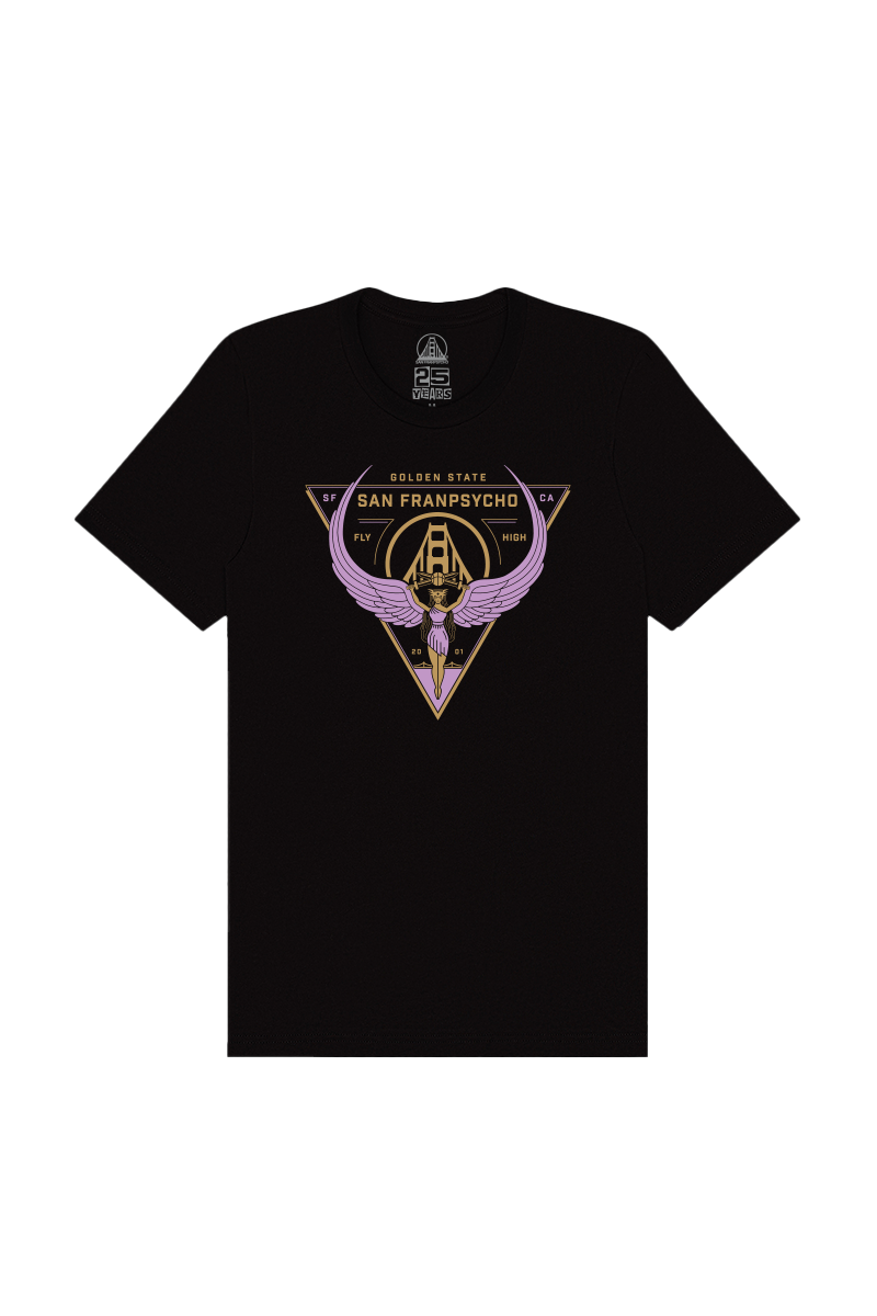 Black Valhalla Tee featuring a triangle, wings, and skull graphic with "San Franpsycho" and "Fly High." Made from soft Airlume cotton—ideal for fans of Valkyries or Valhalla-inspired style.