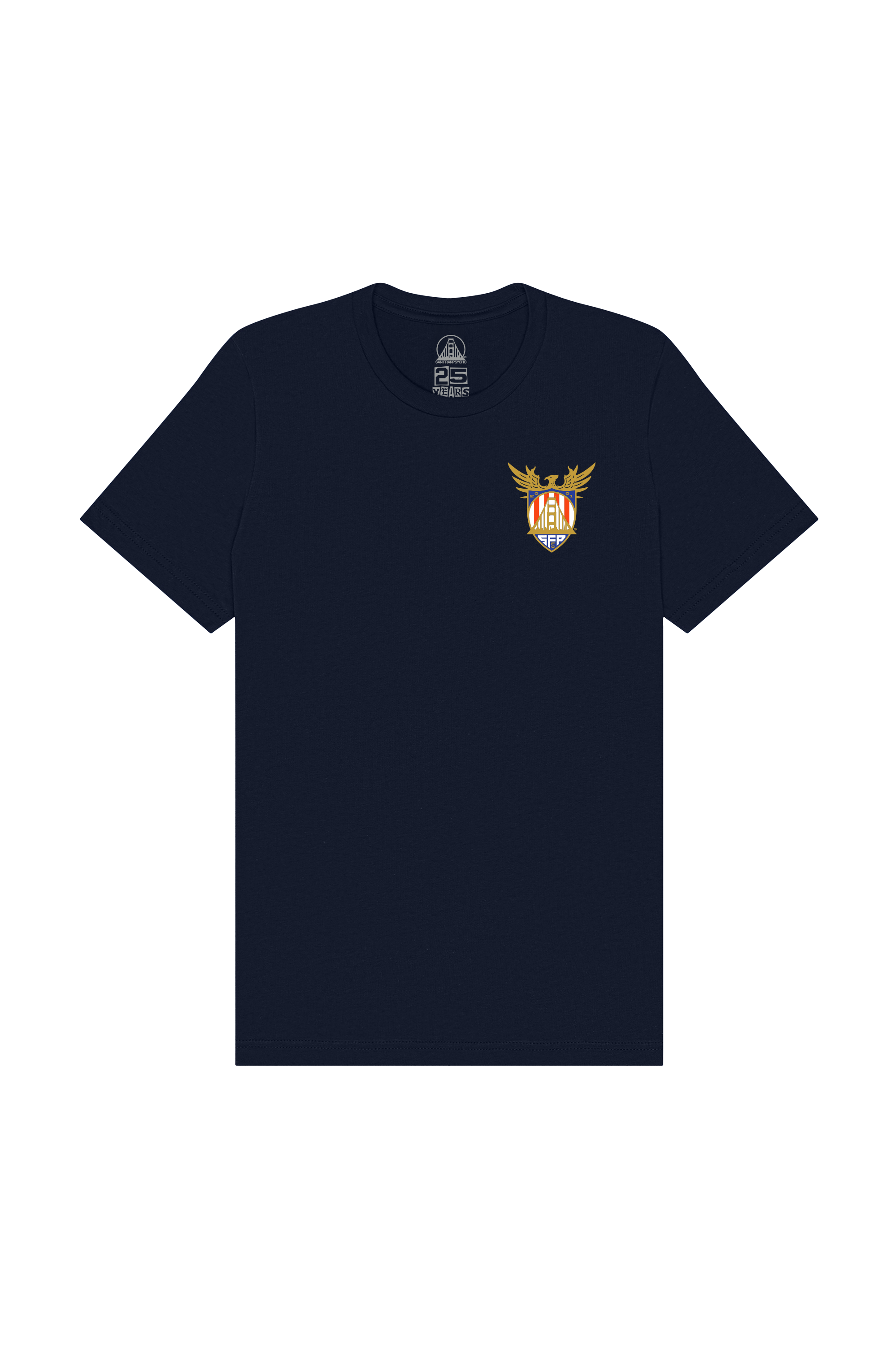 The WC x SFP Tee is a navy blue t-shirt featuring a small, colorful crest with an eagle emblem on the left chest, inspired by Team USA’s World Cup spirit.