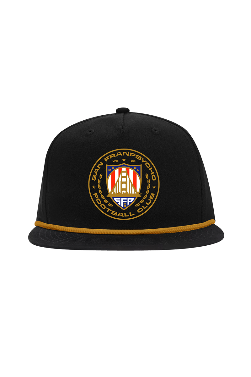 The WC x SFP Hat features a black cap with a gold rope and the San Francisco Football Club crest on the front—ideal for SFP fans and World Cup enthusiasts.