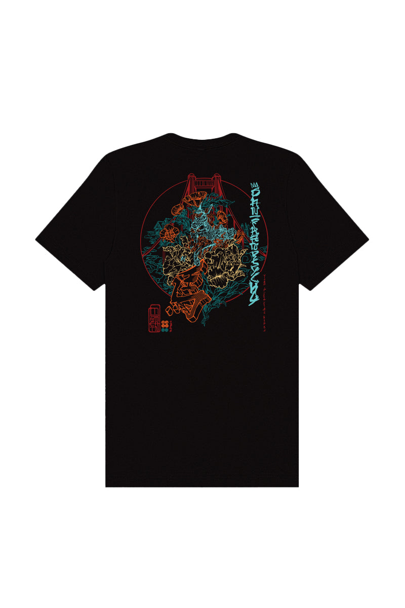 Celebrate in style with the Year of the Horse Tee—a black t-shirt featuring a vibrant Japanese-inspired back graphic with a bridge, waves, and Lunar New Year motifs.