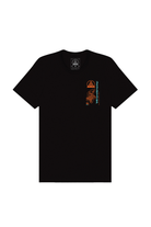 The Year of the Horse Tee is a black t-shirt made from soft Airlume cotton, featuring orange and white geometric and text designs on the upper left front—perfect for celebrating Lunar New Year or honoring the Year of the Horse.