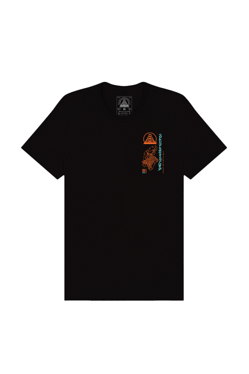 The Year of the Horse Tee is a black t-shirt made from soft Airlume cotton, featuring orange and white geometric and text designs on the upper left front—perfect for celebrating Lunar New Year or honoring the Year of the Horse.