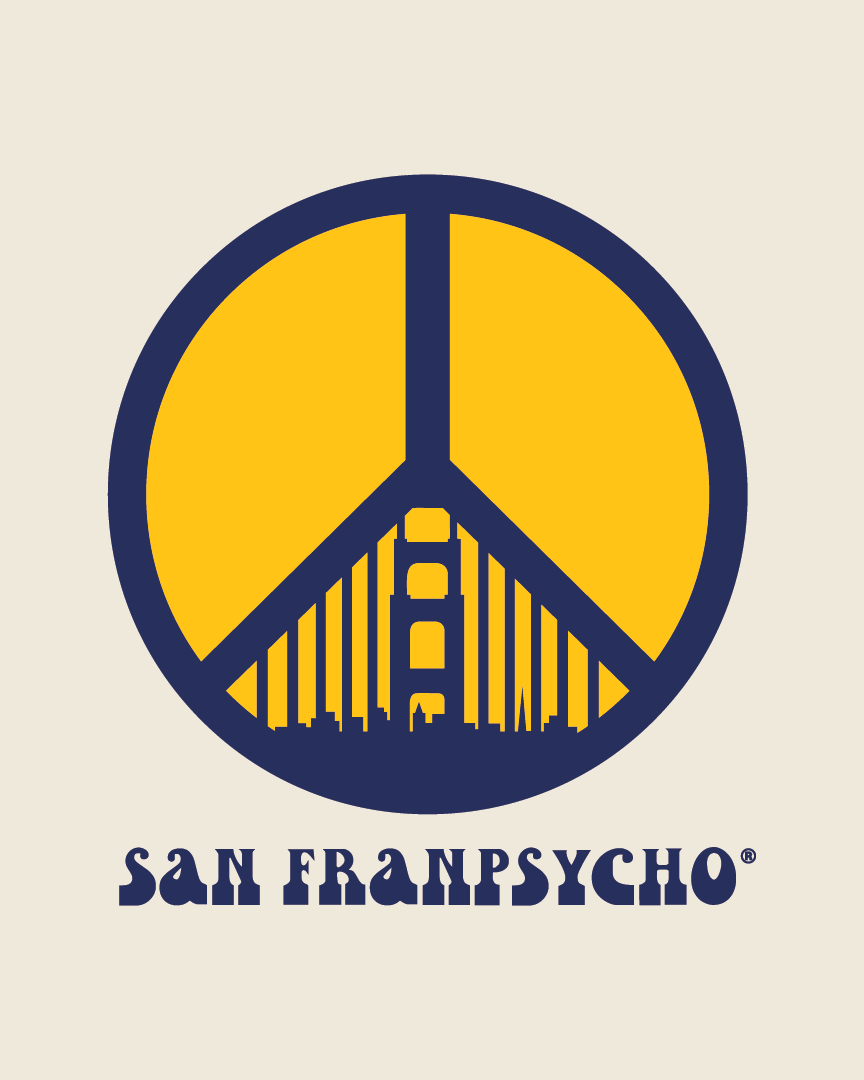 The SFPeace Poster features a blue peace sign that forms the Golden Gate Bridge above “SAN FRANPSYCHO” in stylized text, capturing the spirit of peace symbol artwork by a San Francisco artist.