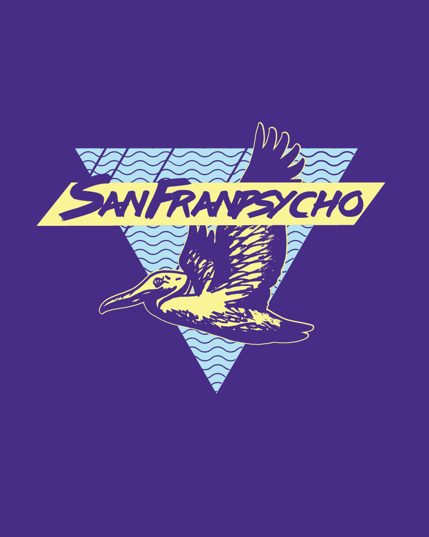 SFPelican Poster: Pelican flying over waves, San Franpsycho text, purple 16″ x 20″ rolled poster.