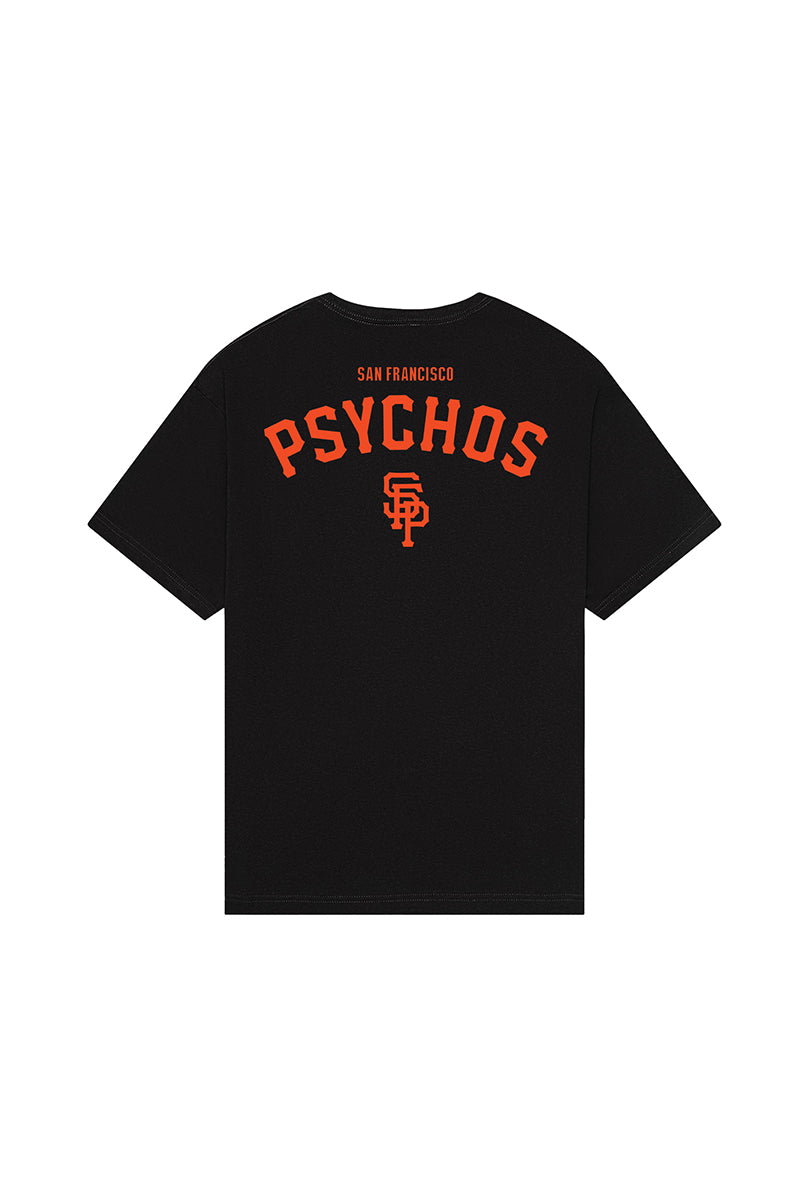 The Black & Orange Psychos Tee is hand printed with SAN FRANCISCO PSYCHOS and an interlocked SF logo in bold orange on the back, showing off your black and orange pride.