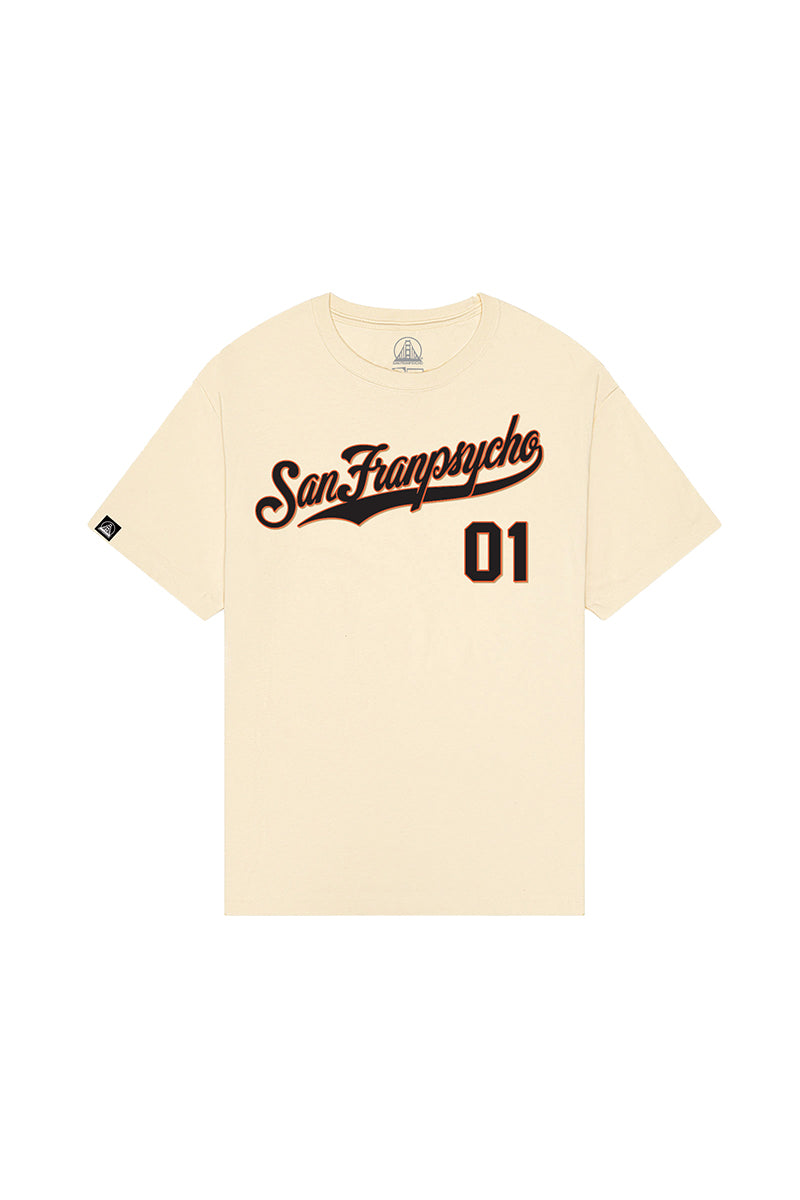The Psychos Script Tee - Natural features "San Francypsycho" and "01" in brown script and block letters hand printed on the front.