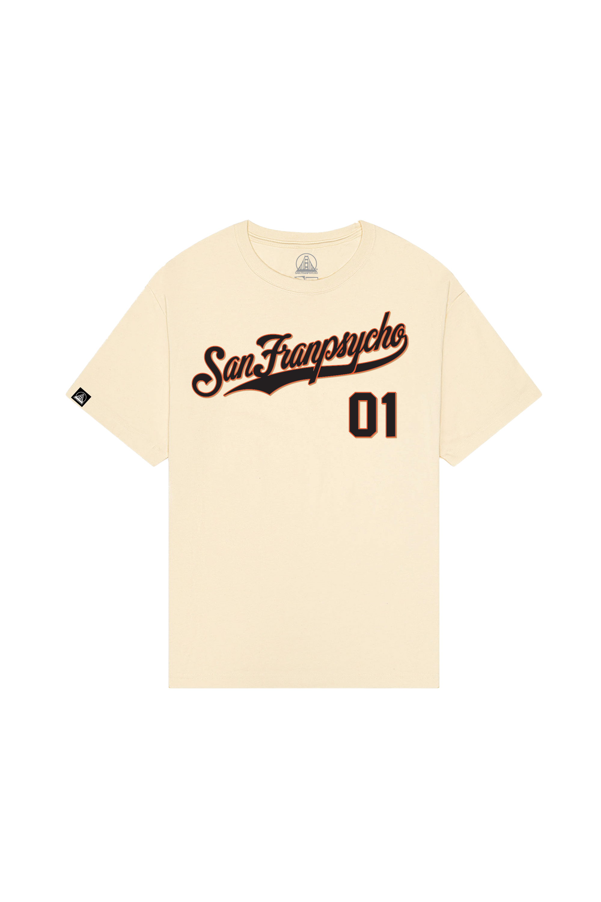 The Psychos Script Tee - Natural features "San Franpsycho 01" in brown script across the chest, hand-printed in San Francisco.