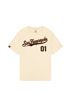 The Psychos Script Tee - Natural features "San Franpsycho 01" in brown script across the chest, hand-printed in San Francisco.
