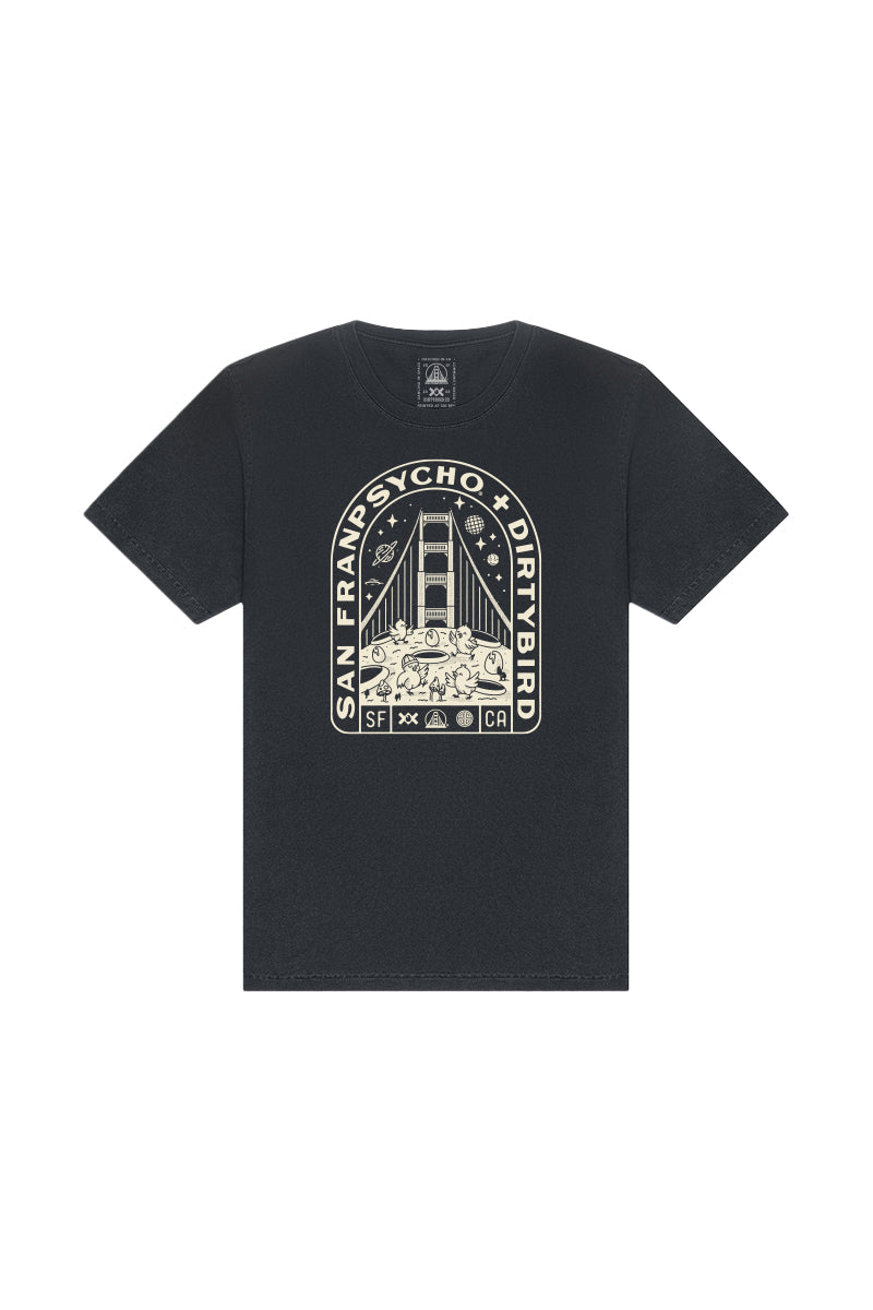 The Moon Bridge Tee is a black t-shirt with a Golden Gate Bridge graphic and the text “San Franpsycho x Dirtybird SF CA.” This unique Dirtybird collab celebrates San Francisco style.